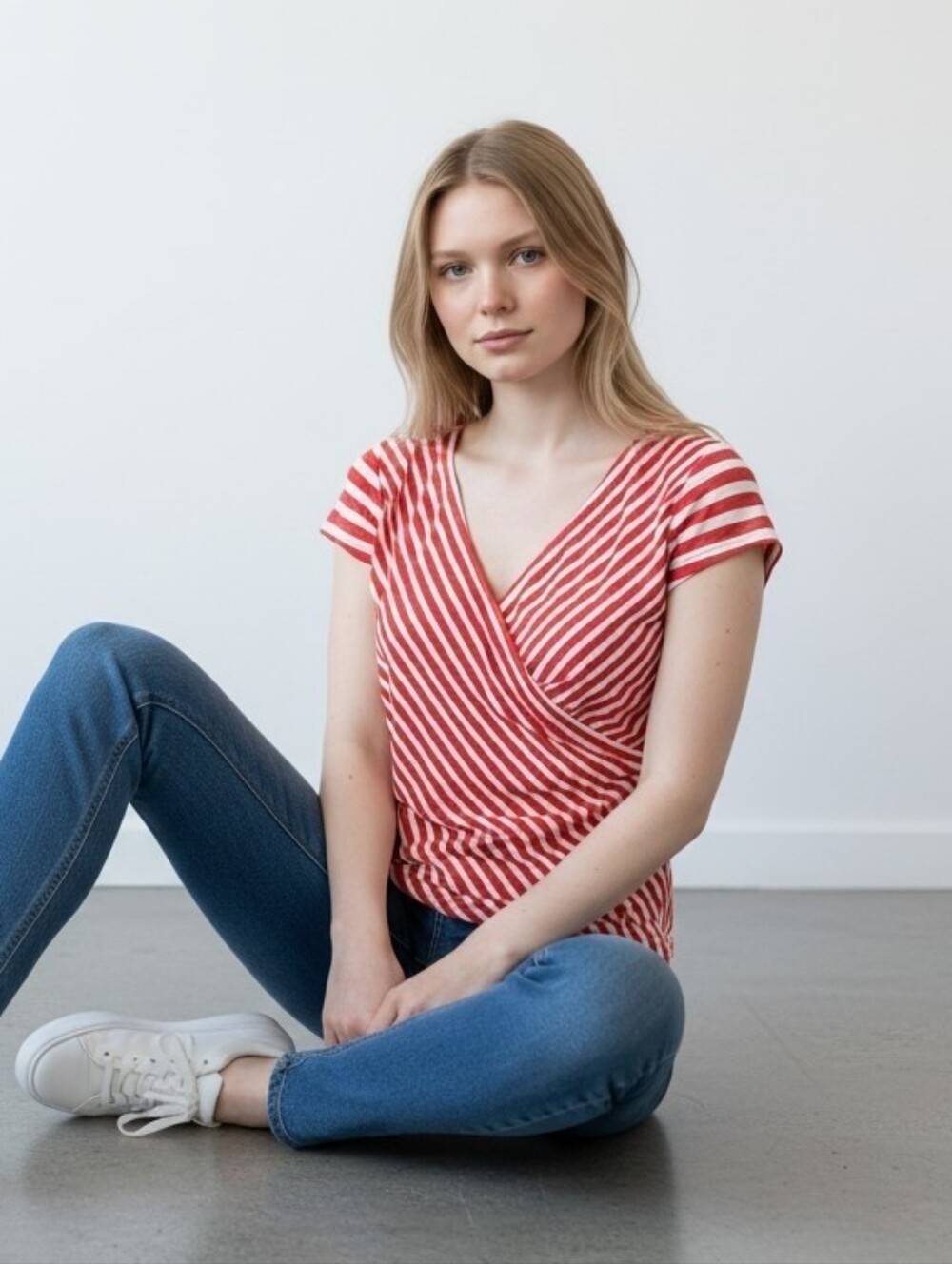 MNG Mango Red and White Striped Wrap-Style Tee Size Medium